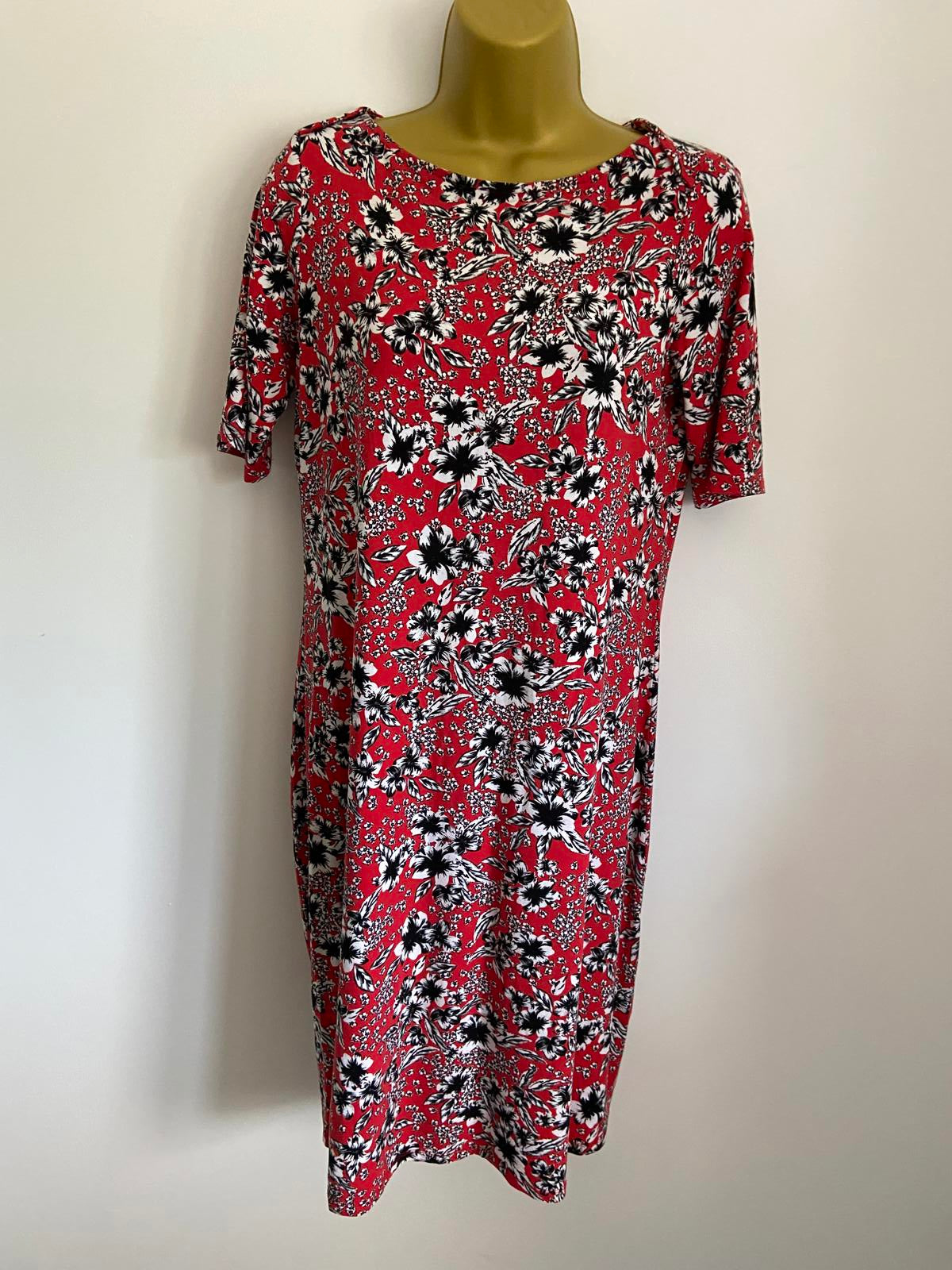 M&S Red Floral T-Shirt Dress - Short Sleeve Jersey Midi, Size 12