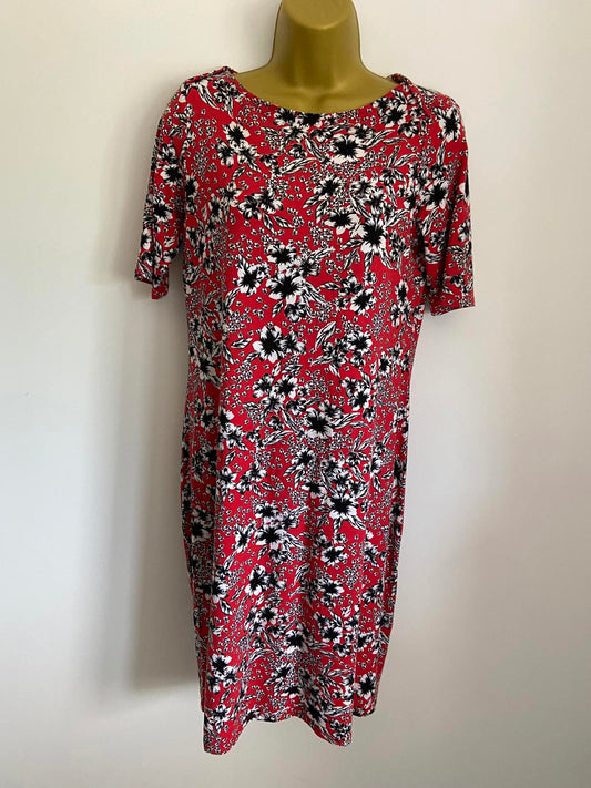 M&S Red Floral T-Shirt Dress - Short Sleeve Jersey Midi, Size 12