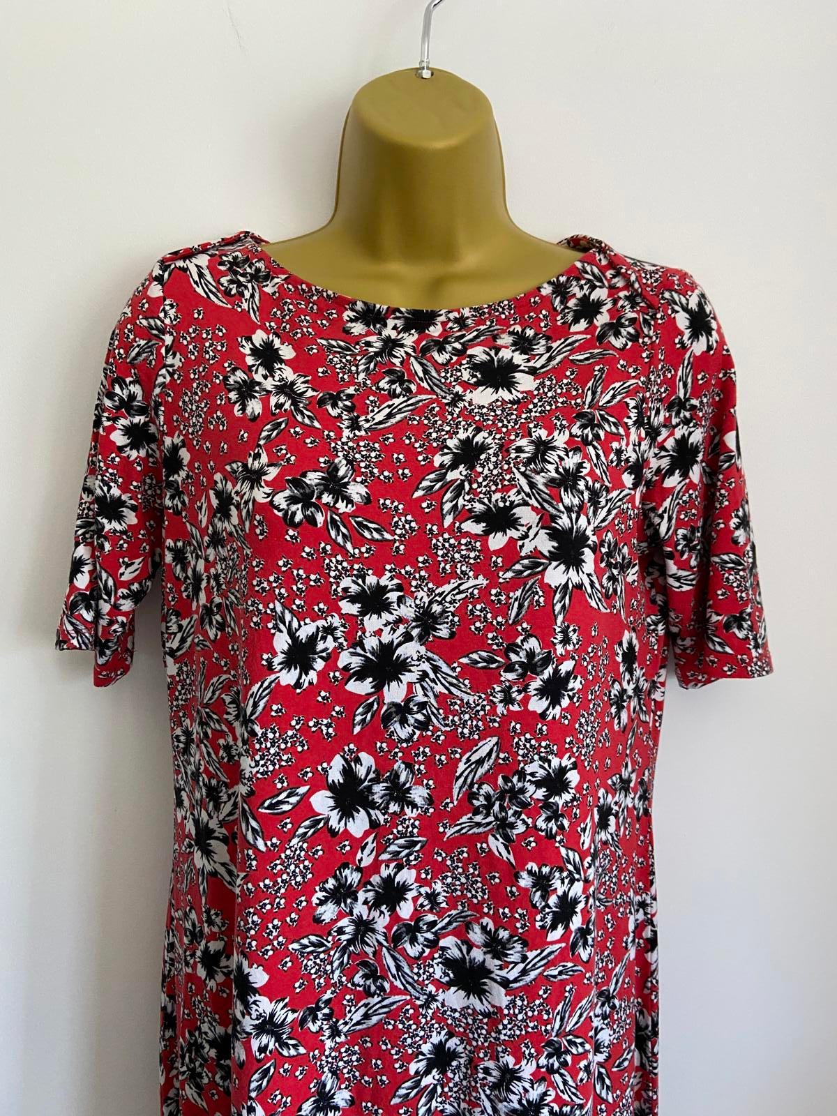 M&S Red Floral T-Shirt Dress - Short Sleeve Jersey Midi, Size 12