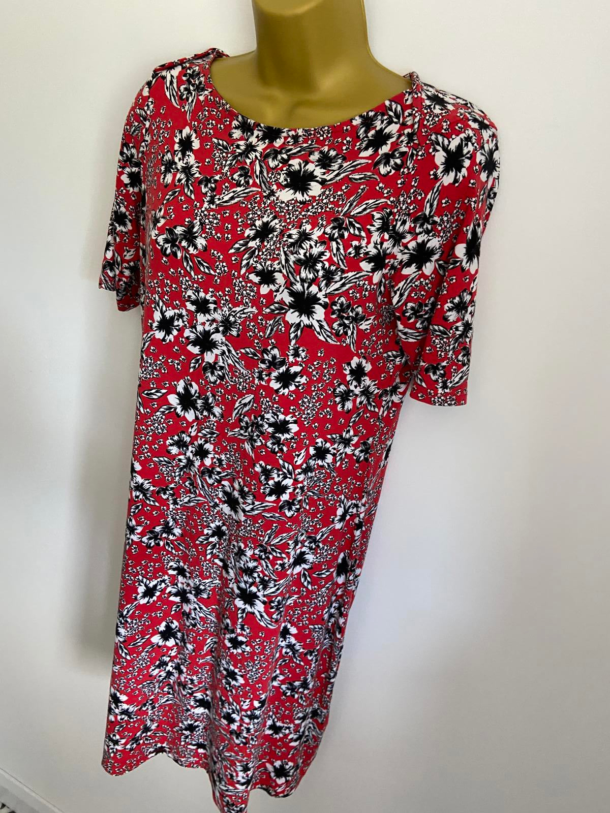M&S Red Floral T-Shirt Dress - Short Sleeve Jersey Midi, Size 12