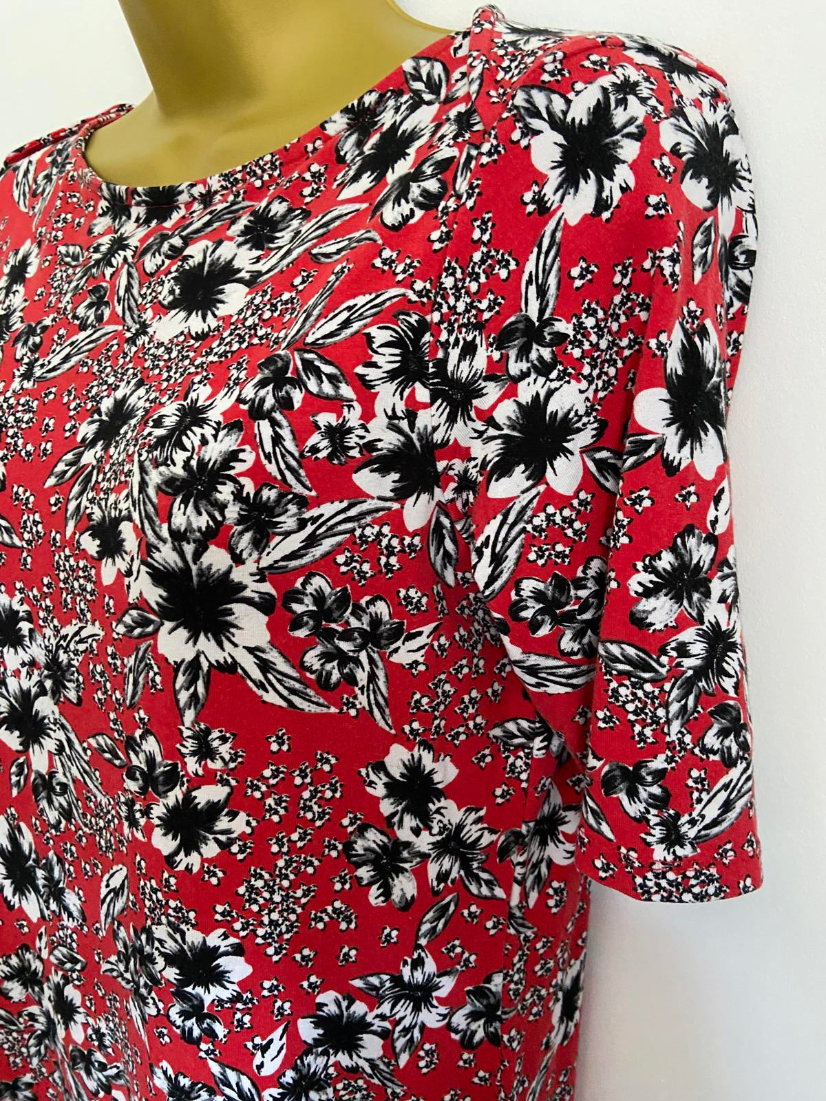 M&S Red Floral T-Shirt Dress - Short Sleeve Jersey Midi, Size 12