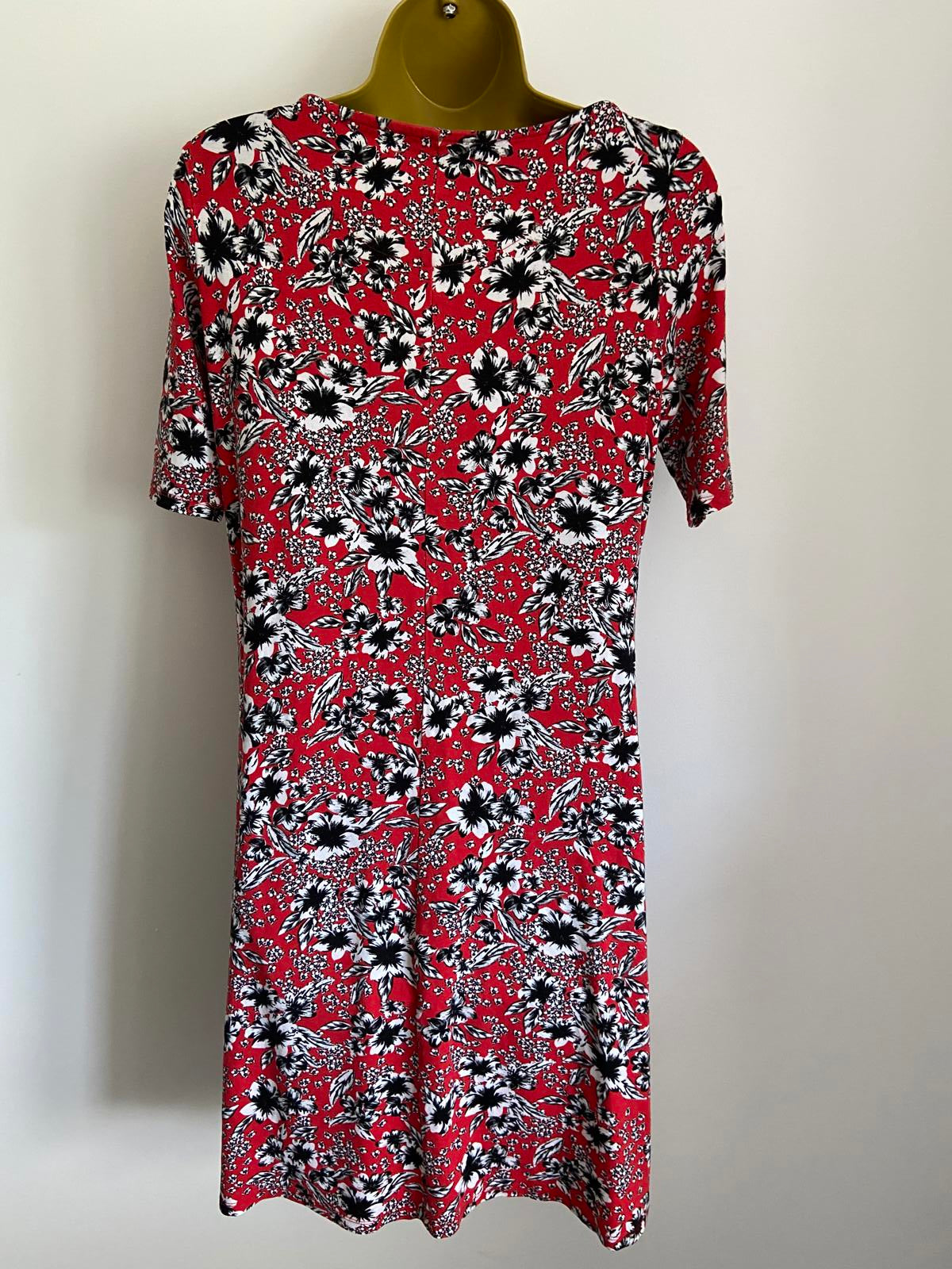 M&S Red Floral T-Shirt Dress - Short Sleeve Jersey Midi, Size 12