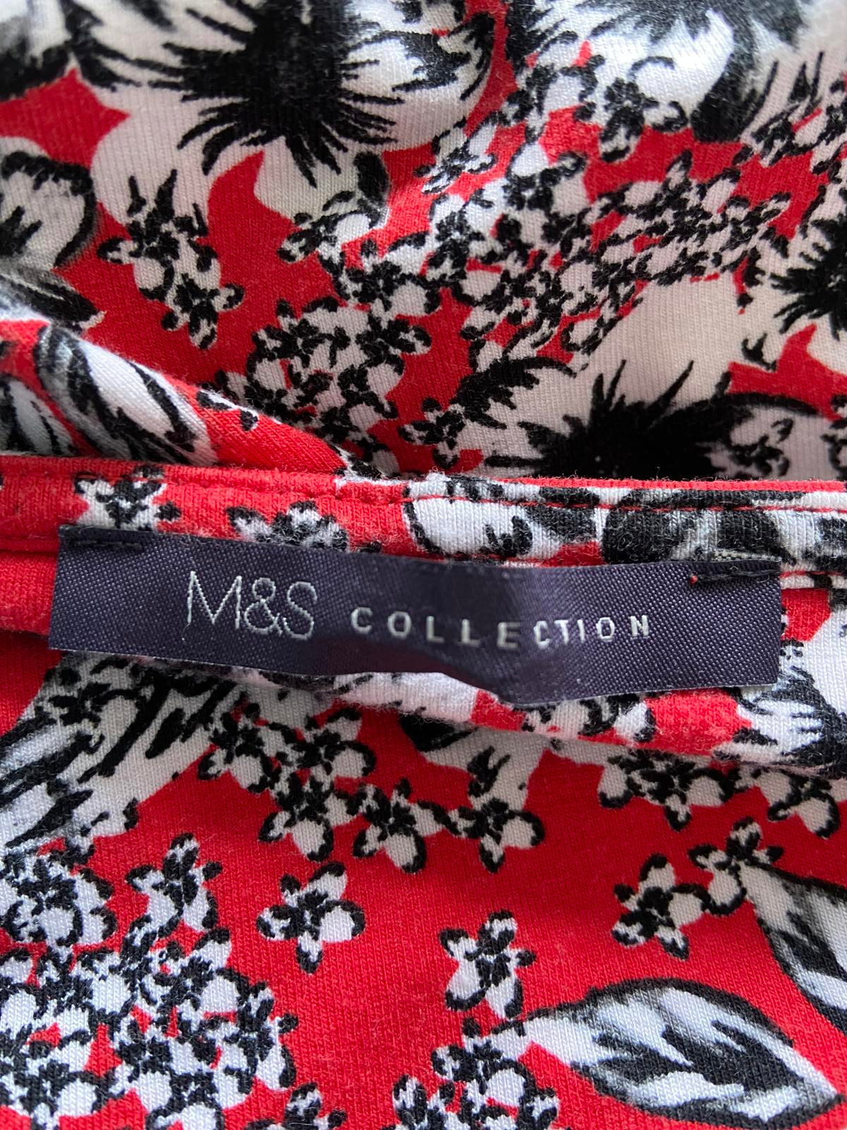 M&S Red Floral T-Shirt Dress - Short Sleeve Jersey Midi, Size 12
