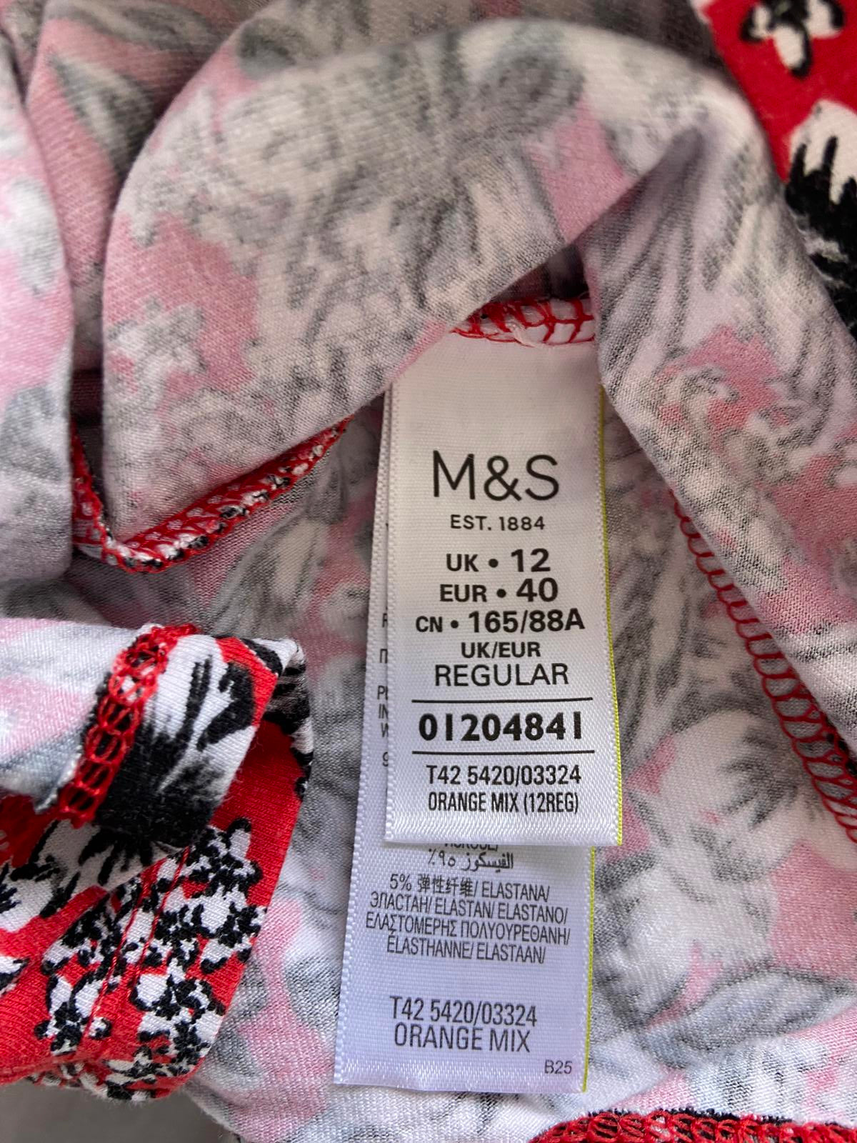 M&S Red Floral T-Shirt Dress - Short Sleeve Jersey Midi, Size 12