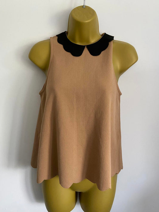 New Look Camel Tan Scalloped Hem Top - Black Peter Pan Collar Blouse, Size 8