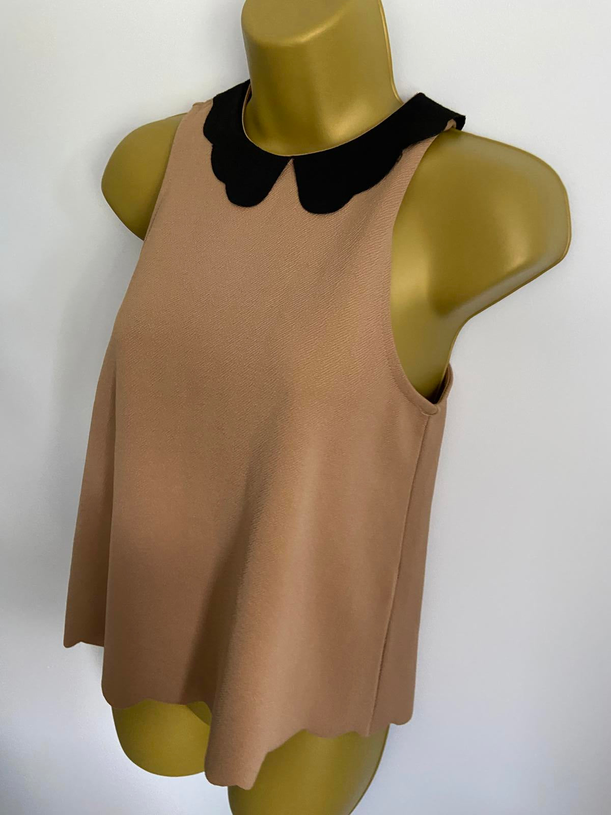 New Look Camel Tan Scalloped Hem Top - Black Peter Pan Collar Blouse, Size 8