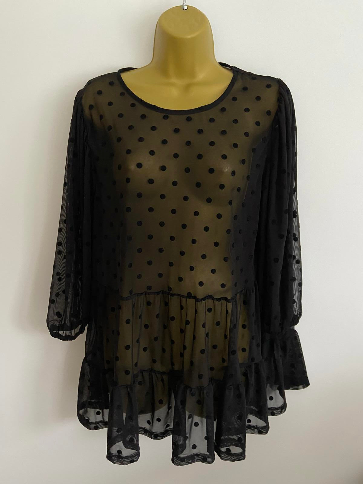 New Look Sheer Blouse with Velvet Spots - Black, Size 16