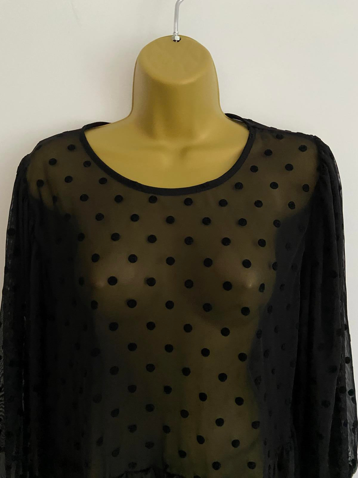 New Look Sheer Blouse with Velvet Spots - Black, Size 16