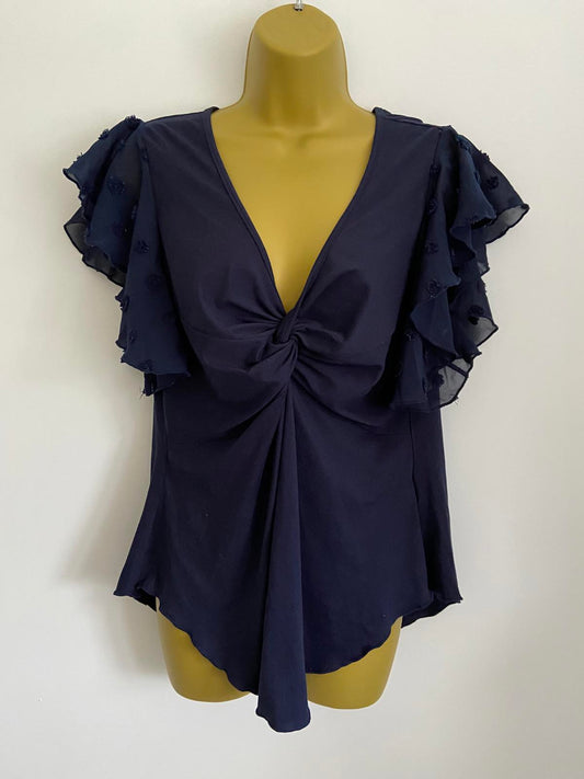 SHEIN Curve Navy Blue Flutter Sleeve Top - Swiss Dot Mesh Ruffle Blouse, Size XL