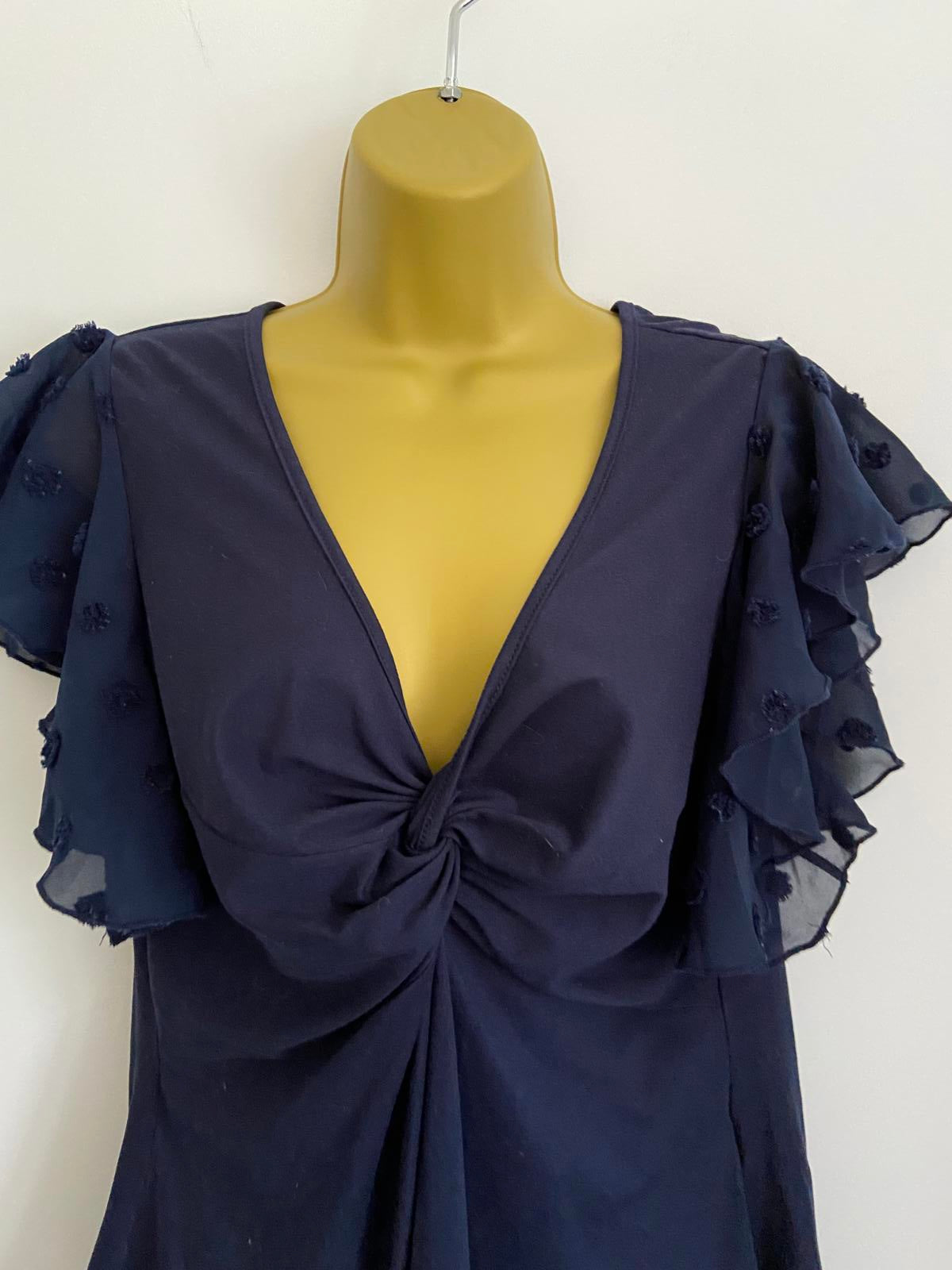 SHEIN Curve Navy Blue Flutter Sleeve Top - Swiss Dot Mesh Ruffle Blouse, Size XL