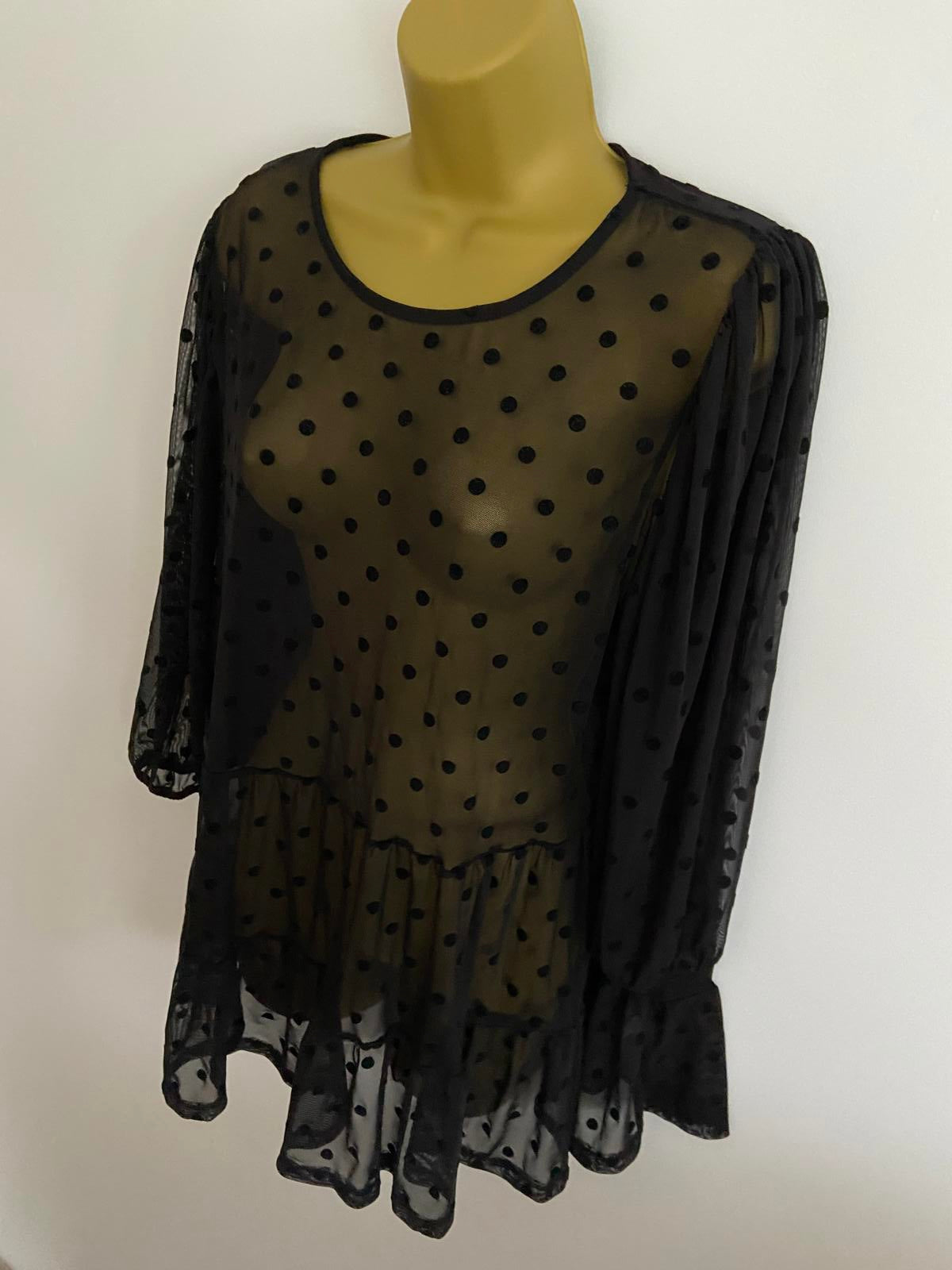New Look Sheer Blouse with Velvet Spots - Black, Size 16