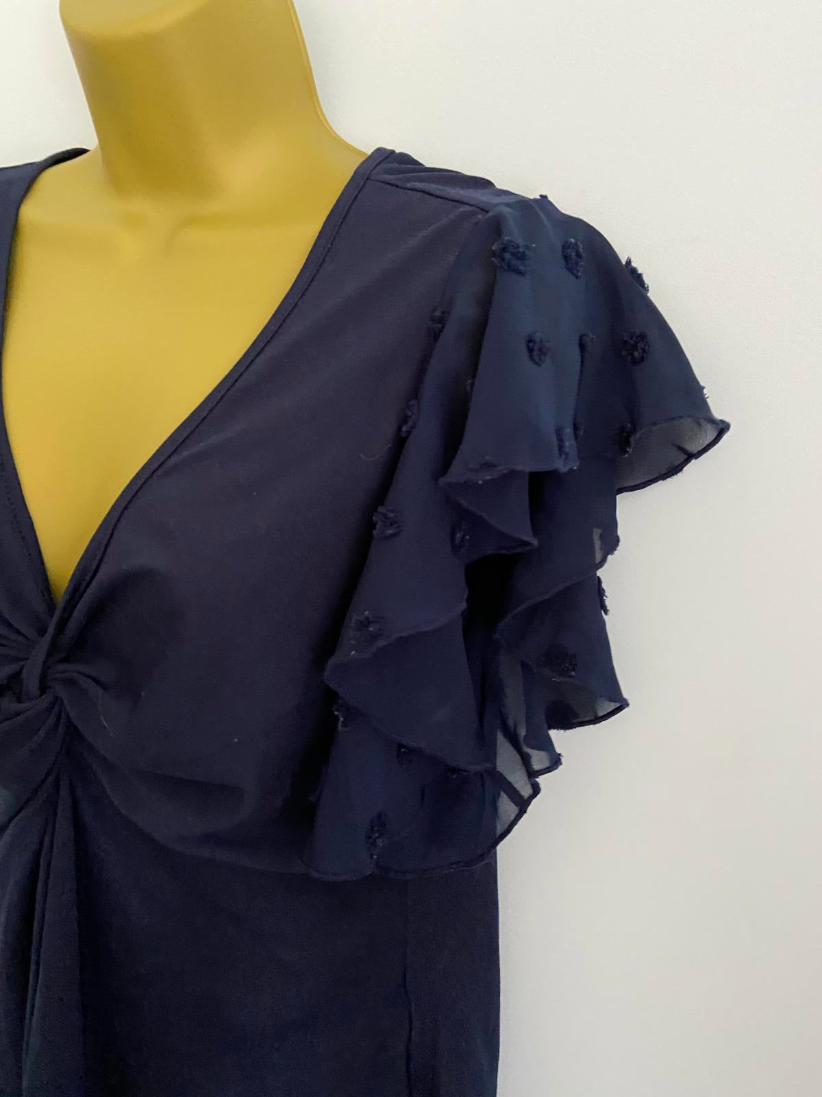 SHEIN Curve Navy Blue Flutter Sleeve Top - Swiss Dot Mesh Ruffle Blouse, Size XL