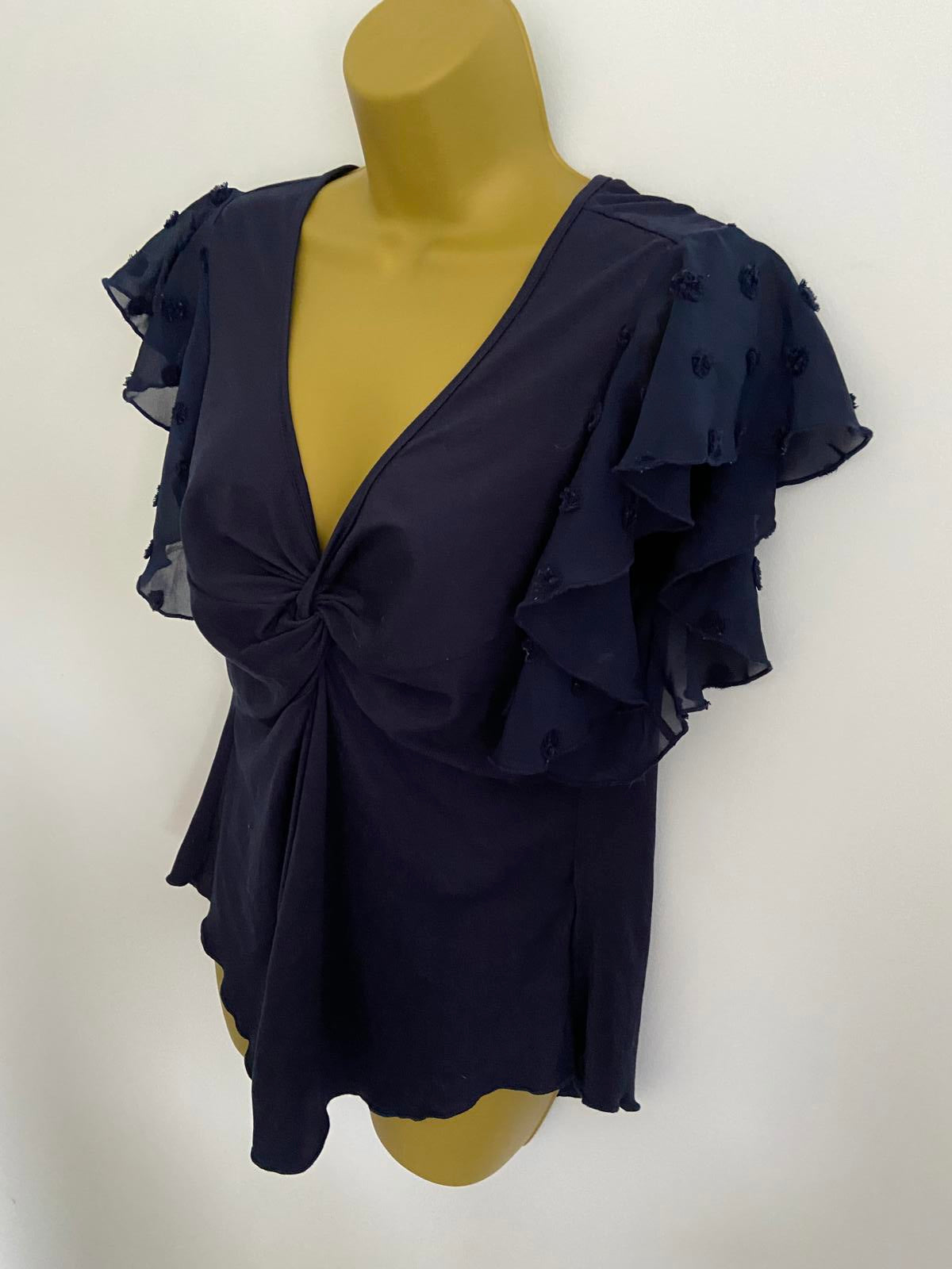 SHEIN Curve Navy Blue Flutter Sleeve Top - Swiss Dot Mesh Ruffle Blouse, Size XL
