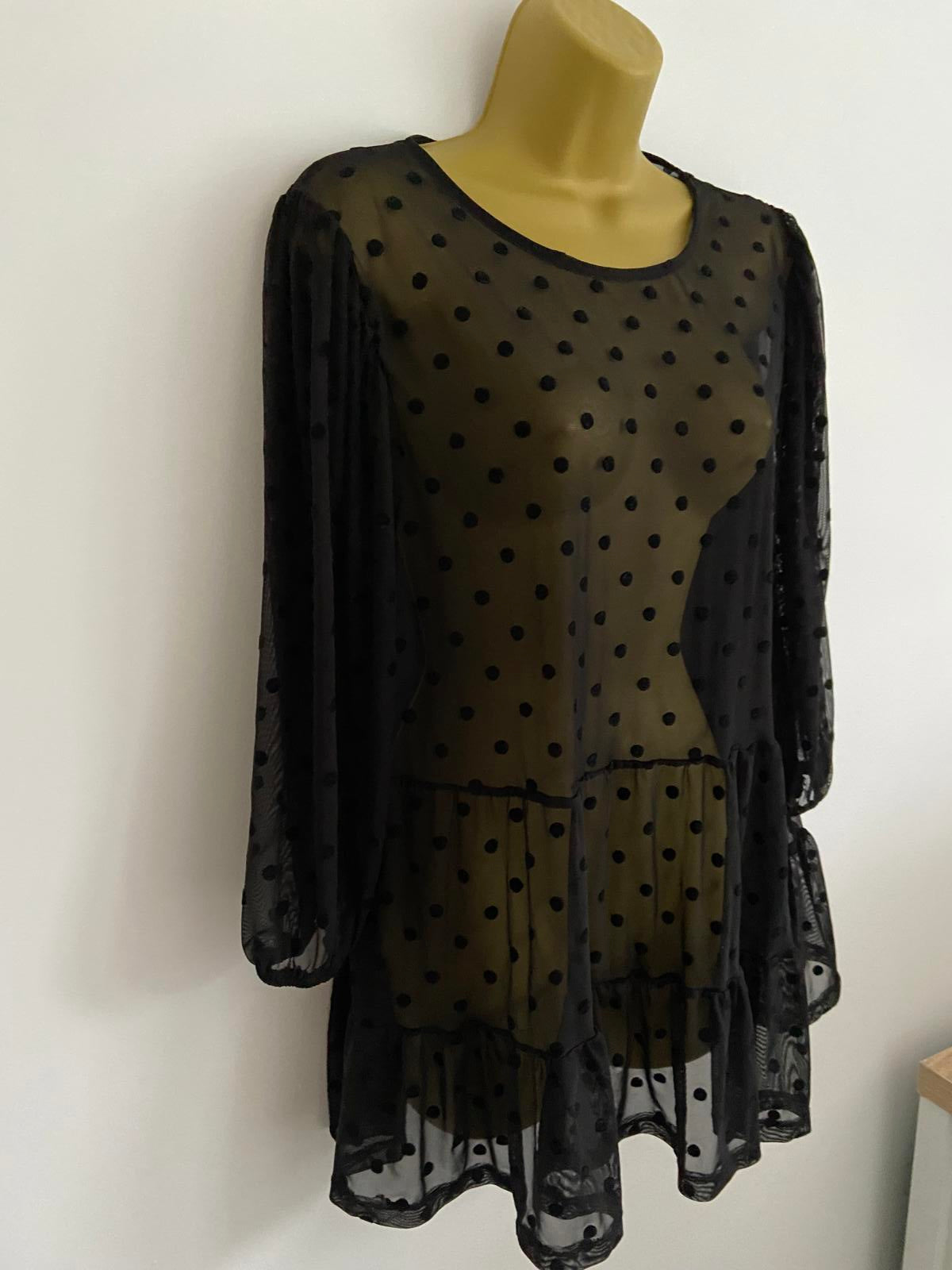 New Look Sheer Blouse with Velvet Spots - Black, Size 16