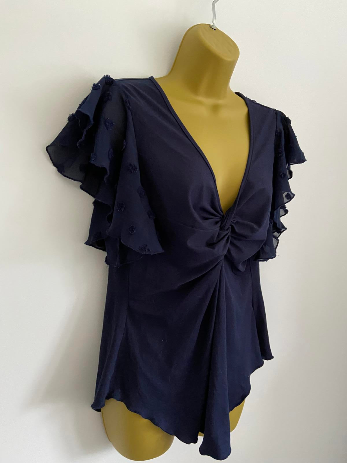 SHEIN Curve Navy Blue Flutter Sleeve Top - Swiss Dot Mesh Ruffle Blouse, Size XL