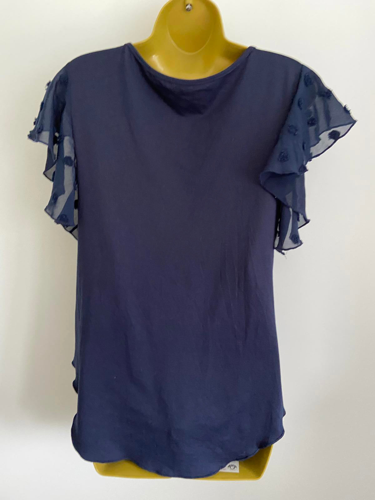 SHEIN Curve Navy Blue Flutter Sleeve Top - Swiss Dot Mesh Ruffle Blouse, Size XL
