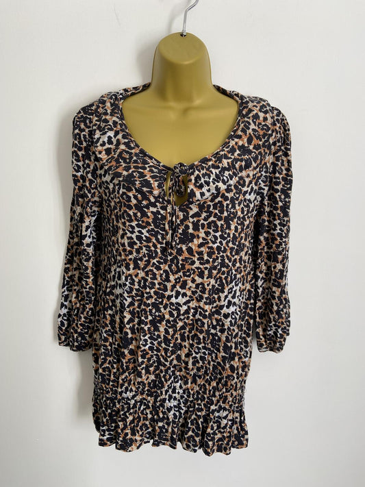 Next Women’s Leopard Print 3/4 Sleeve Blouse with Tie Neck Size 12