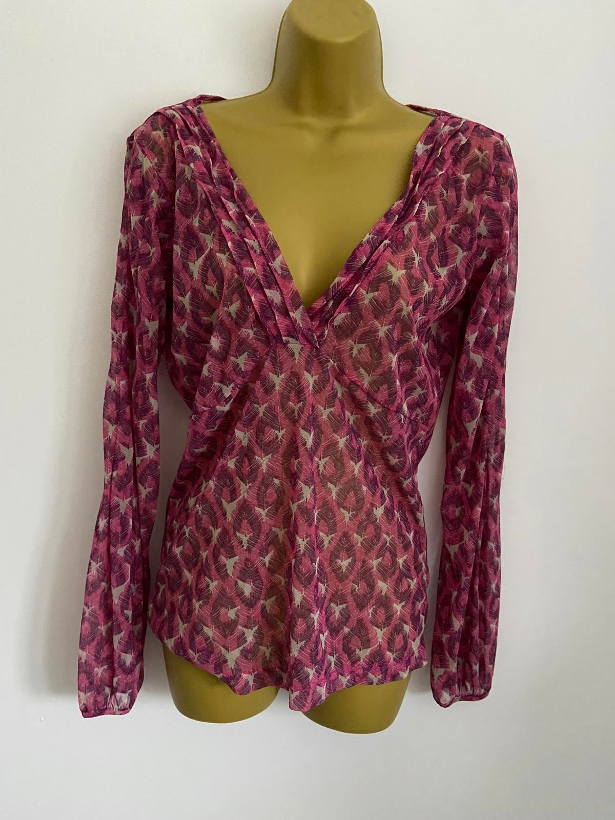 Mexx Ladies Purple Feather Print Sheer Blouse - V-Neck Long Sleeve Top, Size XL