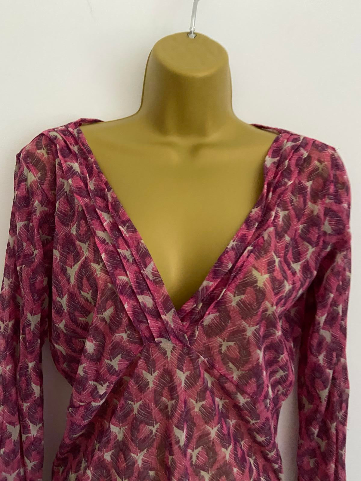 Mexx Ladies Purple Feather Print Sheer Blouse - V-Neck Long Sleeve Top, Size XL
