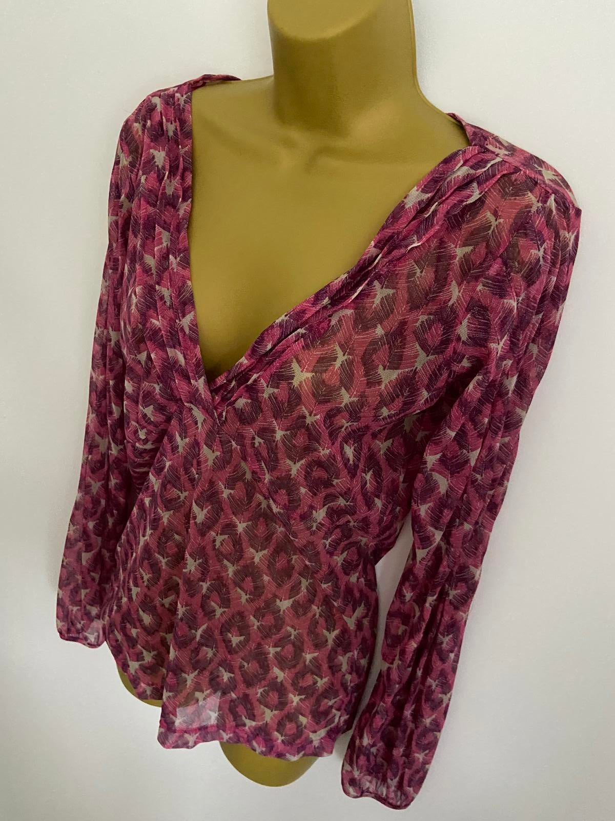 Mexx Ladies Purple Feather Print Sheer Blouse - V-Neck Long Sleeve Top, Size XL