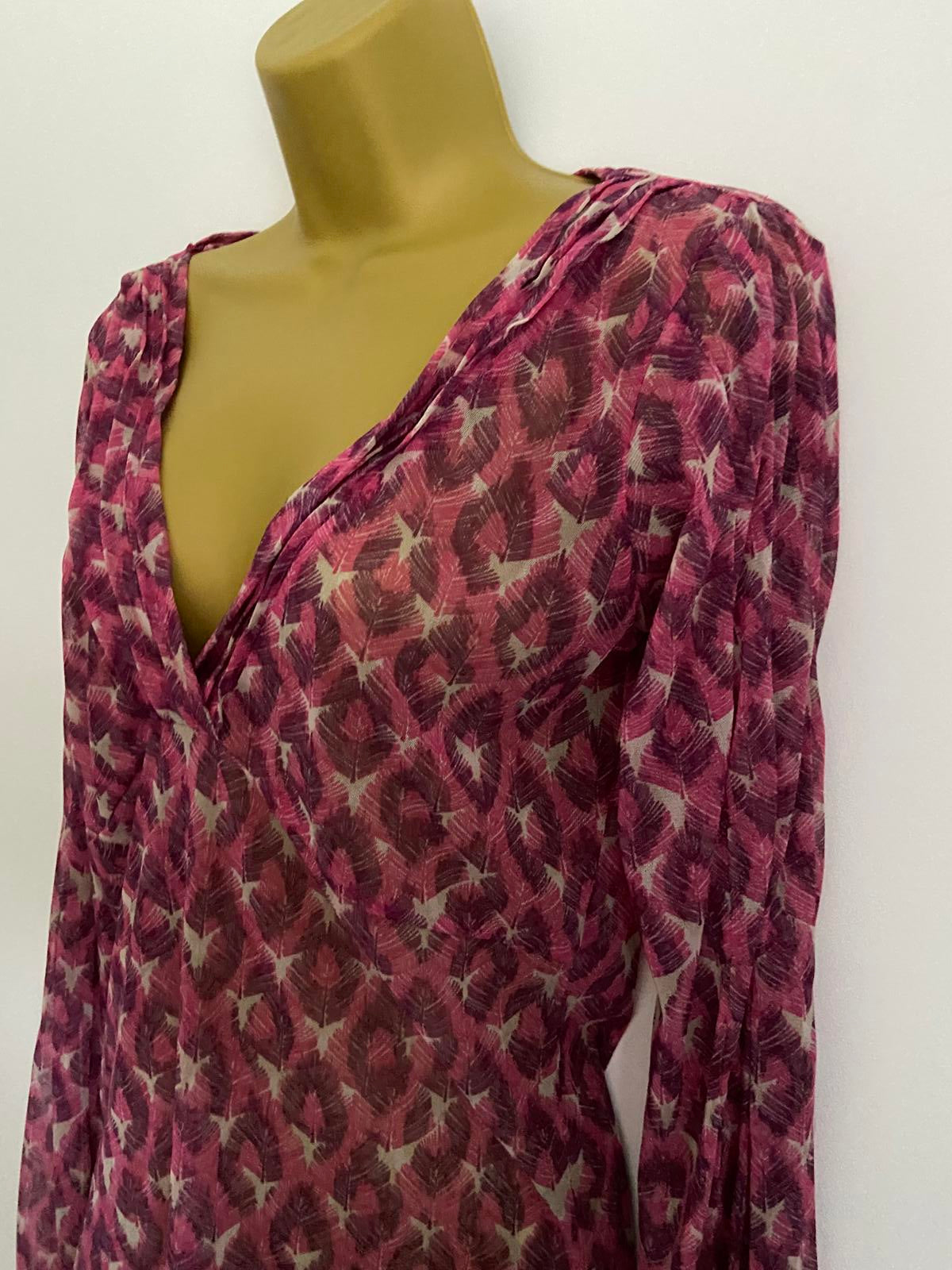 Mexx Ladies Purple Feather Print Sheer Blouse - V-Neck Long Sleeve Top, Size XL