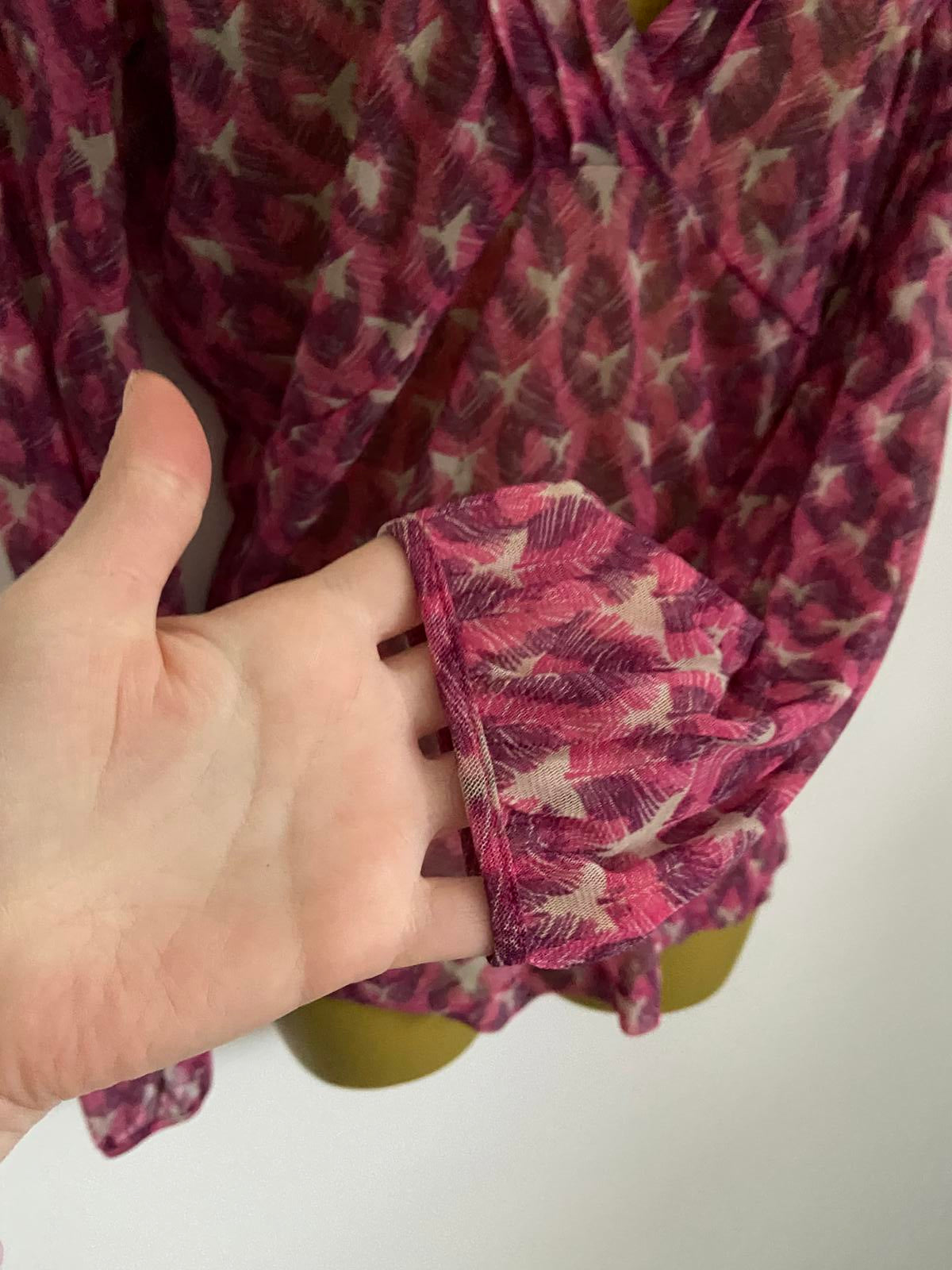 Mexx Ladies Purple Feather Print Sheer Blouse - V-Neck Long Sleeve Top, Size XL