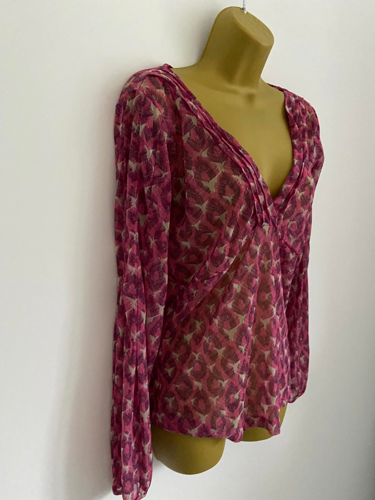 Mexx Ladies Purple Feather Print Sheer Blouse - V-Neck Long Sleeve Top, Size XL