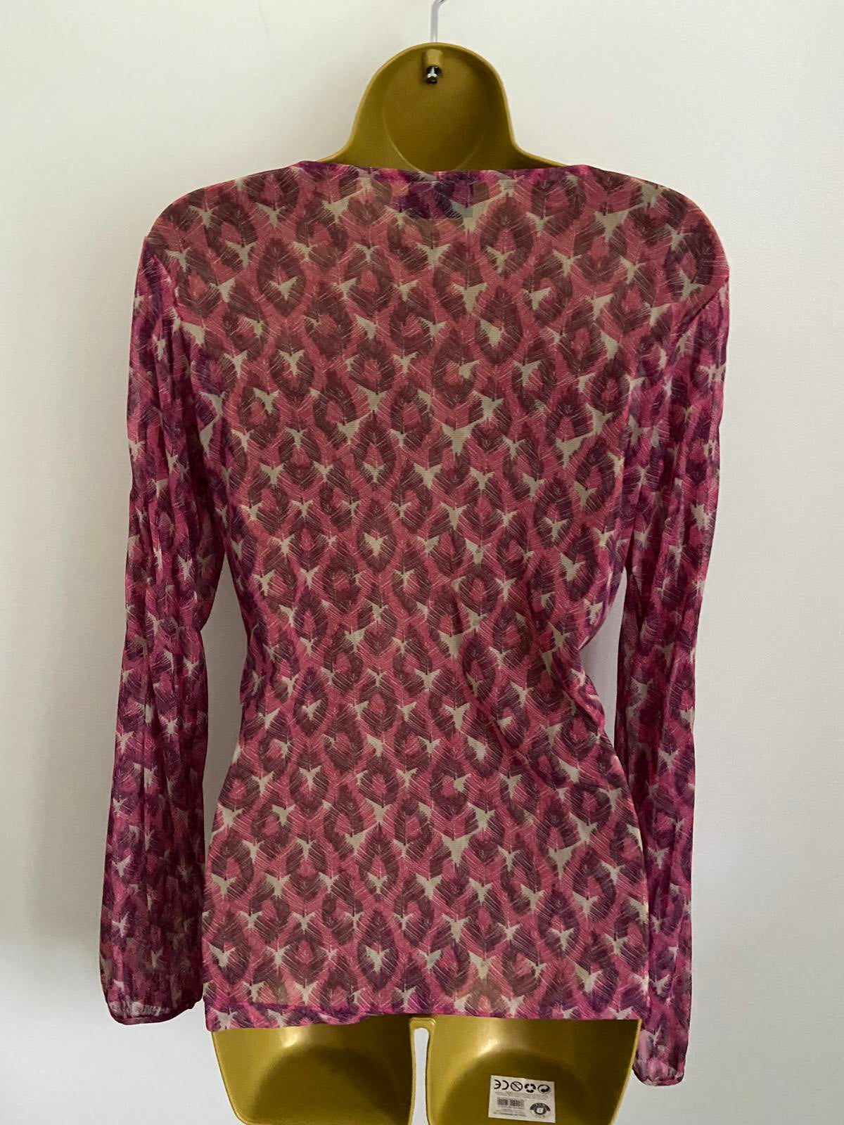 Mexx Ladies Purple Feather Print Sheer Blouse - V-Neck Long Sleeve Top, Size XL