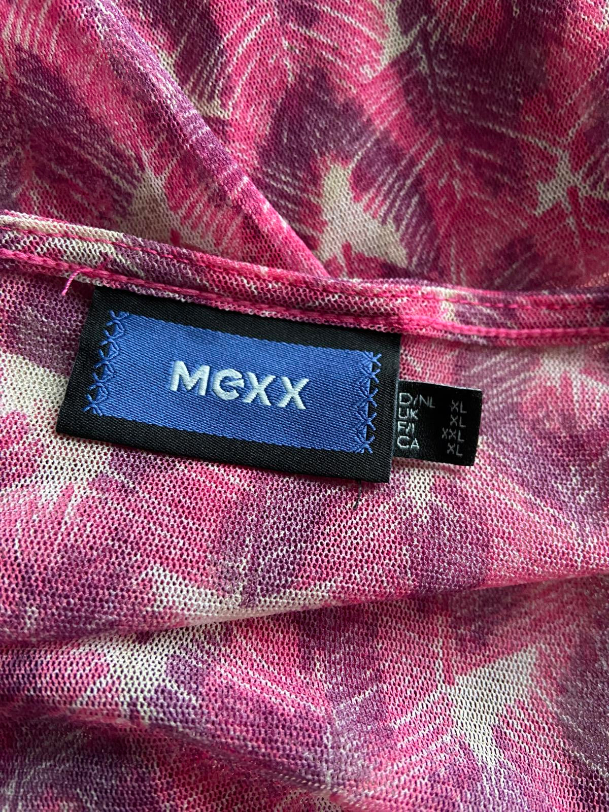 Mexx Ladies Purple Feather Print Sheer Blouse - V-Neck Long Sleeve Top, Size XL