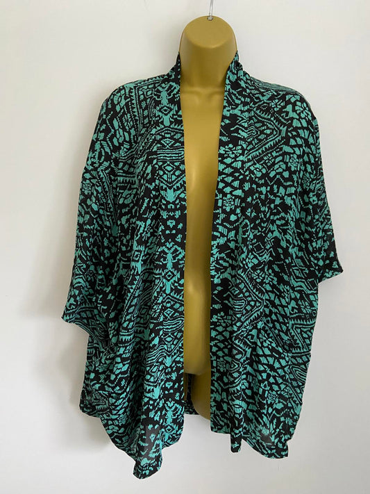 Atmosphere Teal & Black Geometric Print Kimono - Open Front Pockets, Size M