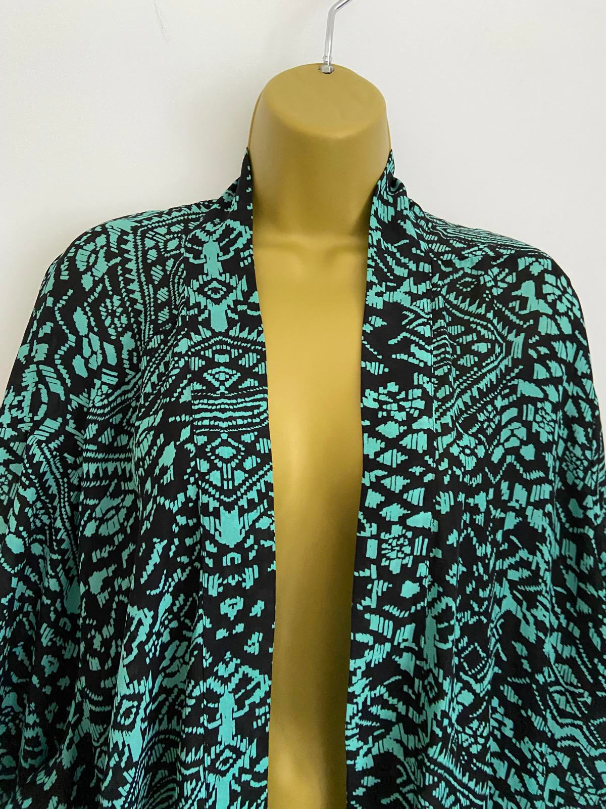 Atmosphere Teal & Black Geometric Print Kimono - Open Front Pockets, Size M