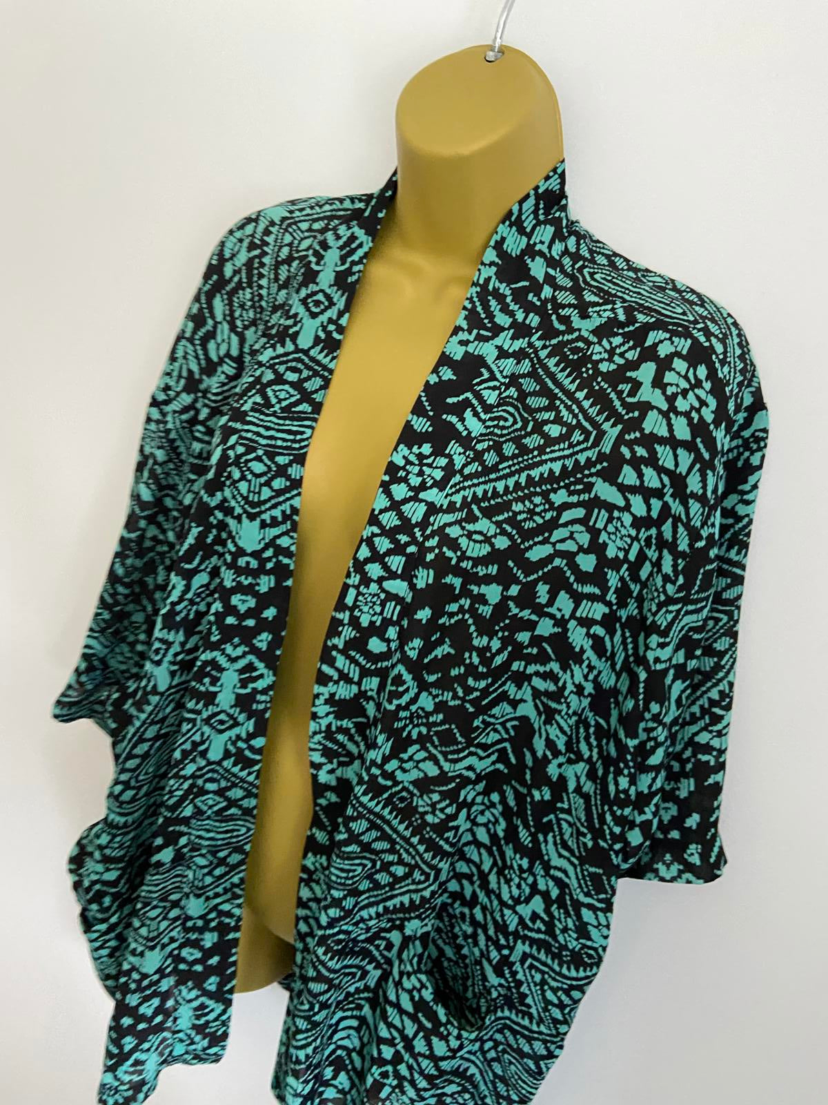 Atmosphere Teal & Black Geometric Print Kimono - Open Front Pockets, Size M
