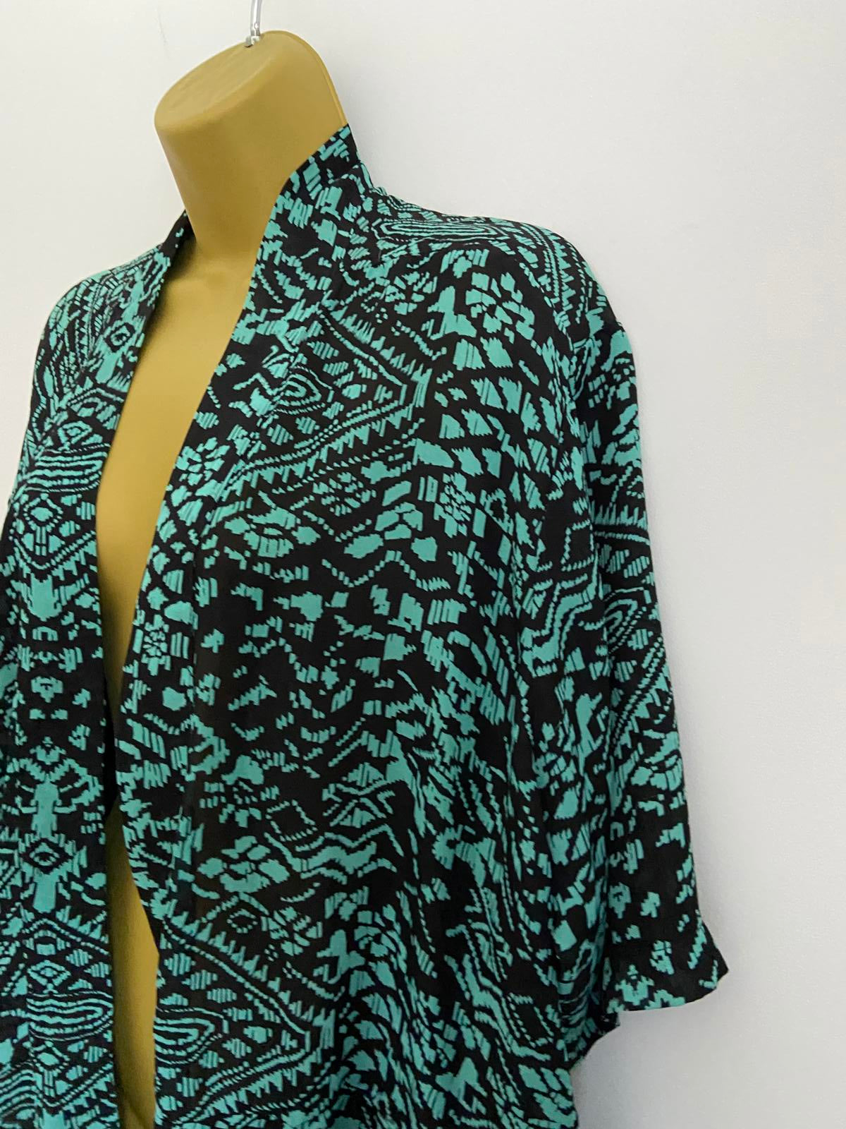 Atmosphere Teal & Black Geometric Print Kimono - Open Front Pockets, Size M