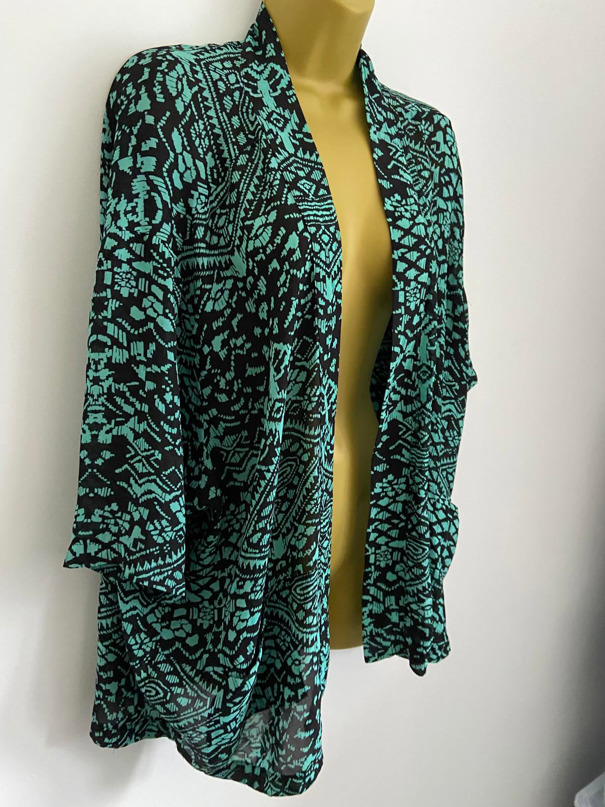 Atmosphere Teal & Black Geometric Print Kimono - Open Front Pockets, Size M