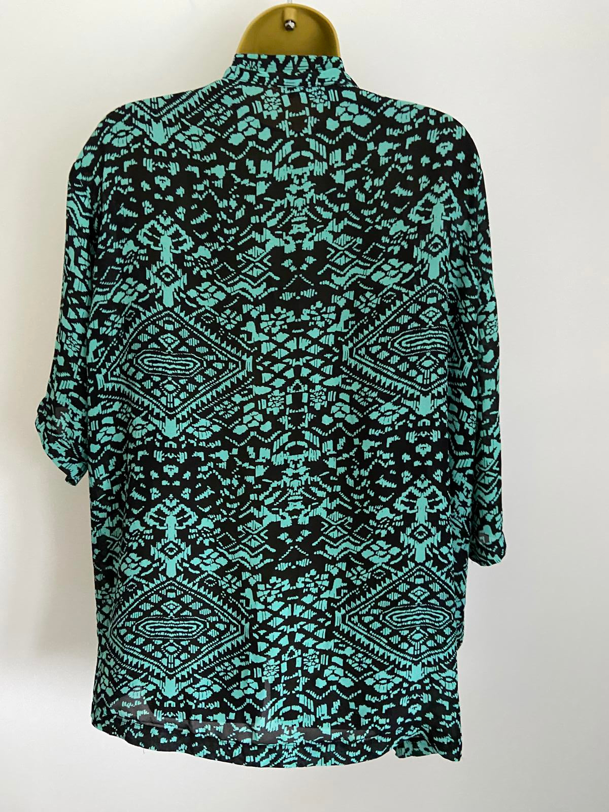 Atmosphere Teal & Black Geometric Print Kimono - Open Front Pockets, Size M