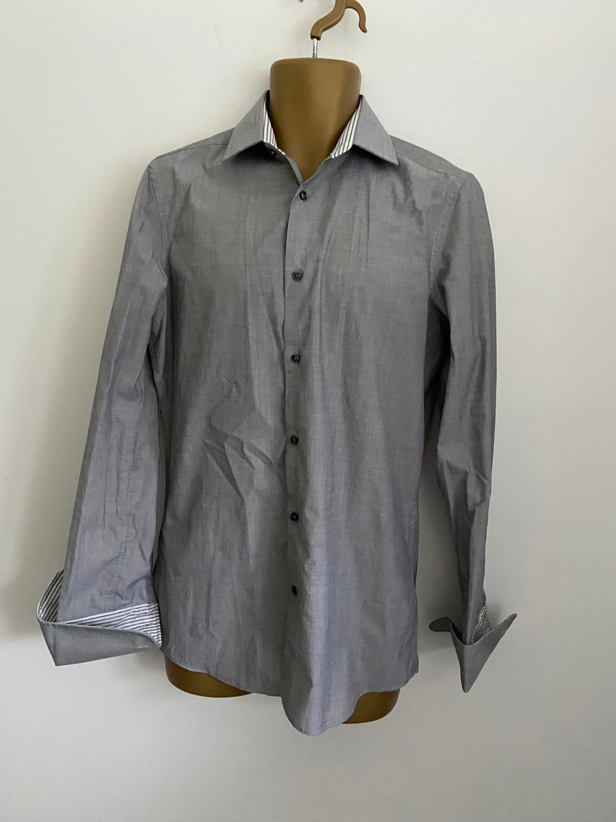 Men’s Charcoal Grey Slim Fit Formal Shirt - Long Sleeve with Contrast Trim, 15"