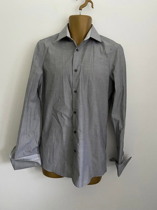 Men’s Charcoal Grey Slim Fit Formal Shirt - Long Sleeve with Contrast Trim, 15"