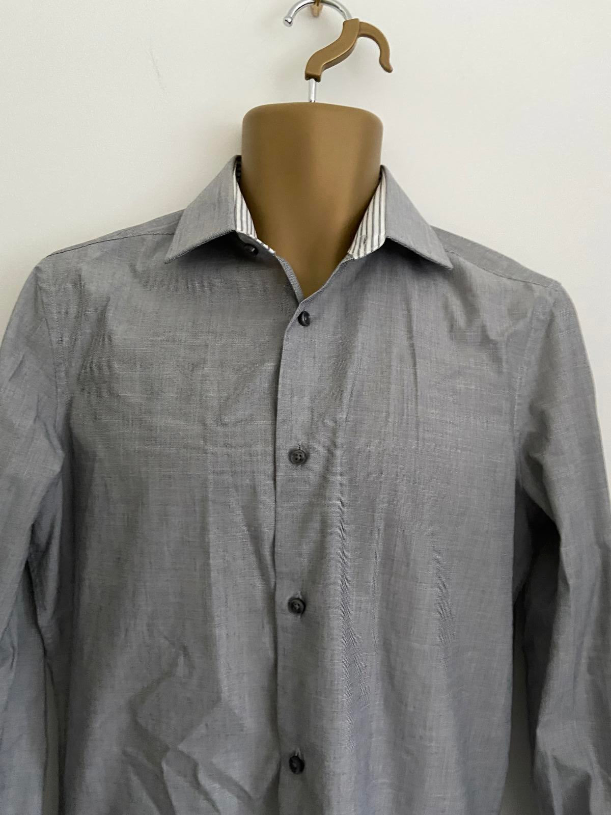 Men’s Charcoal Grey Slim Fit Formal Shirt - Long Sleeve with Contrast Trim, 15"