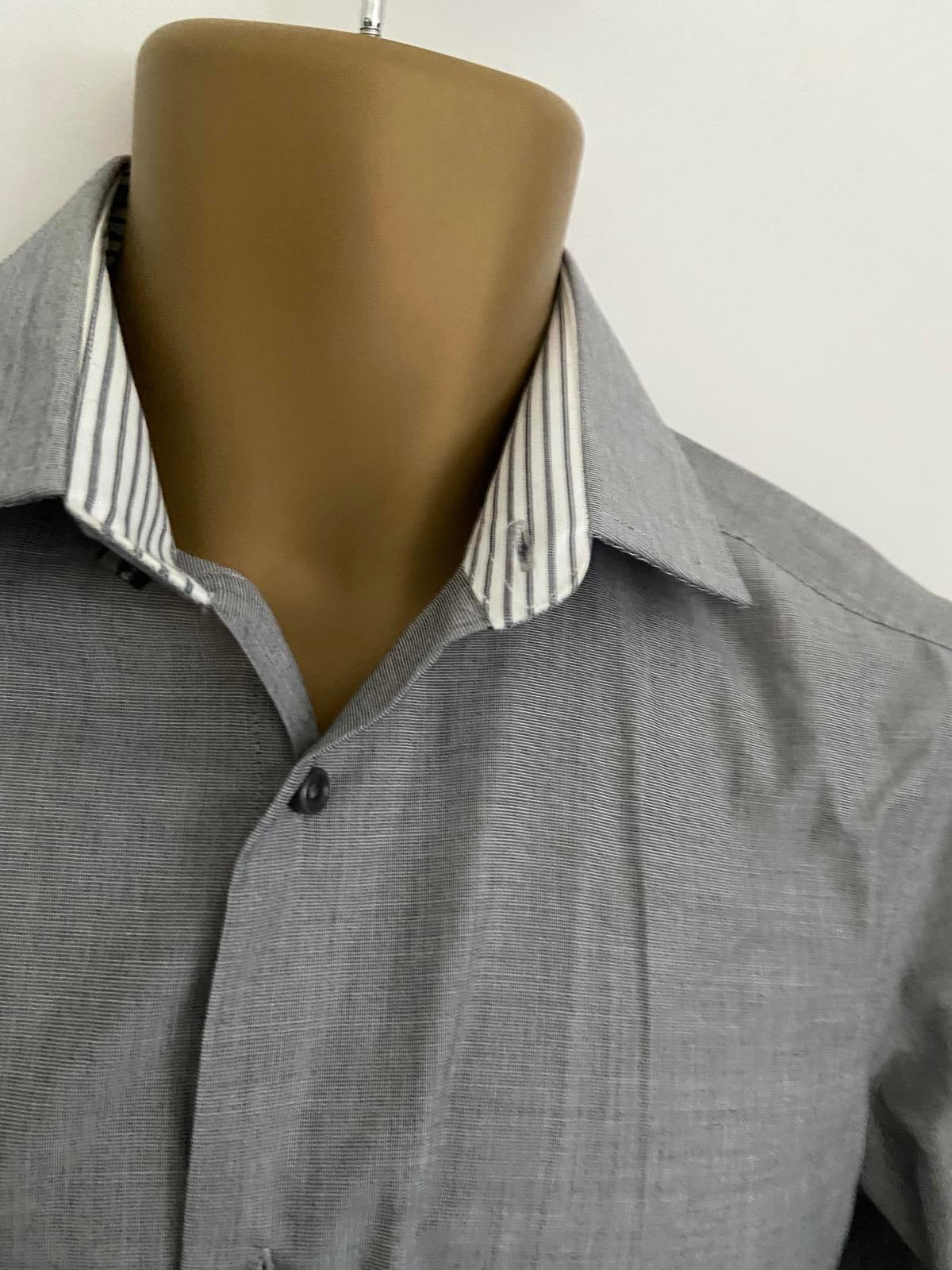 Men’s Charcoal Grey Slim Fit Formal Shirt - Long Sleeve with Contrast Trim, 15"
