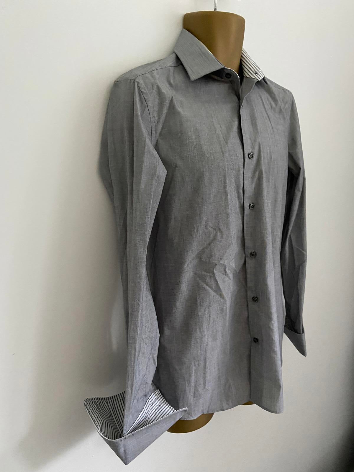 Men’s Charcoal Grey Slim Fit Formal Shirt - Long Sleeve with Contrast Trim, 15"