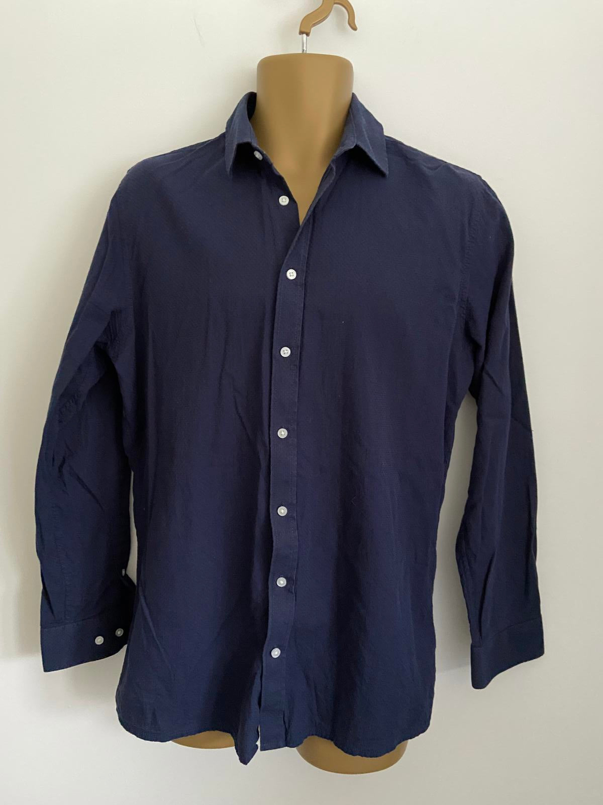 Livergy Men’s Navy Blue Waffle Texture Shirt - 100% Cotton Casual, 15.5"