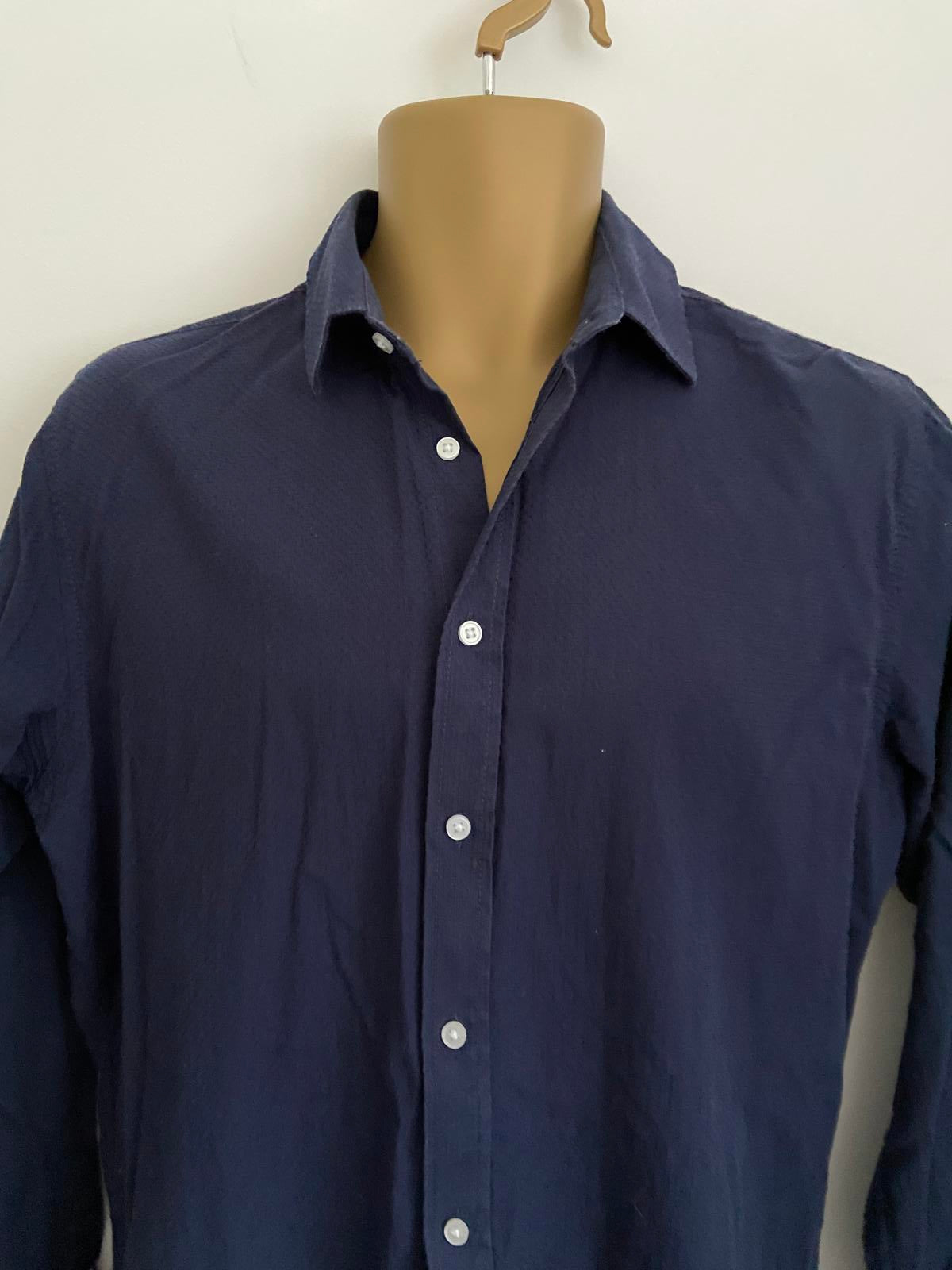 Livergy Men’s Navy Blue Waffle Texture Shirt - 100% Cotton Casual, 15.5"