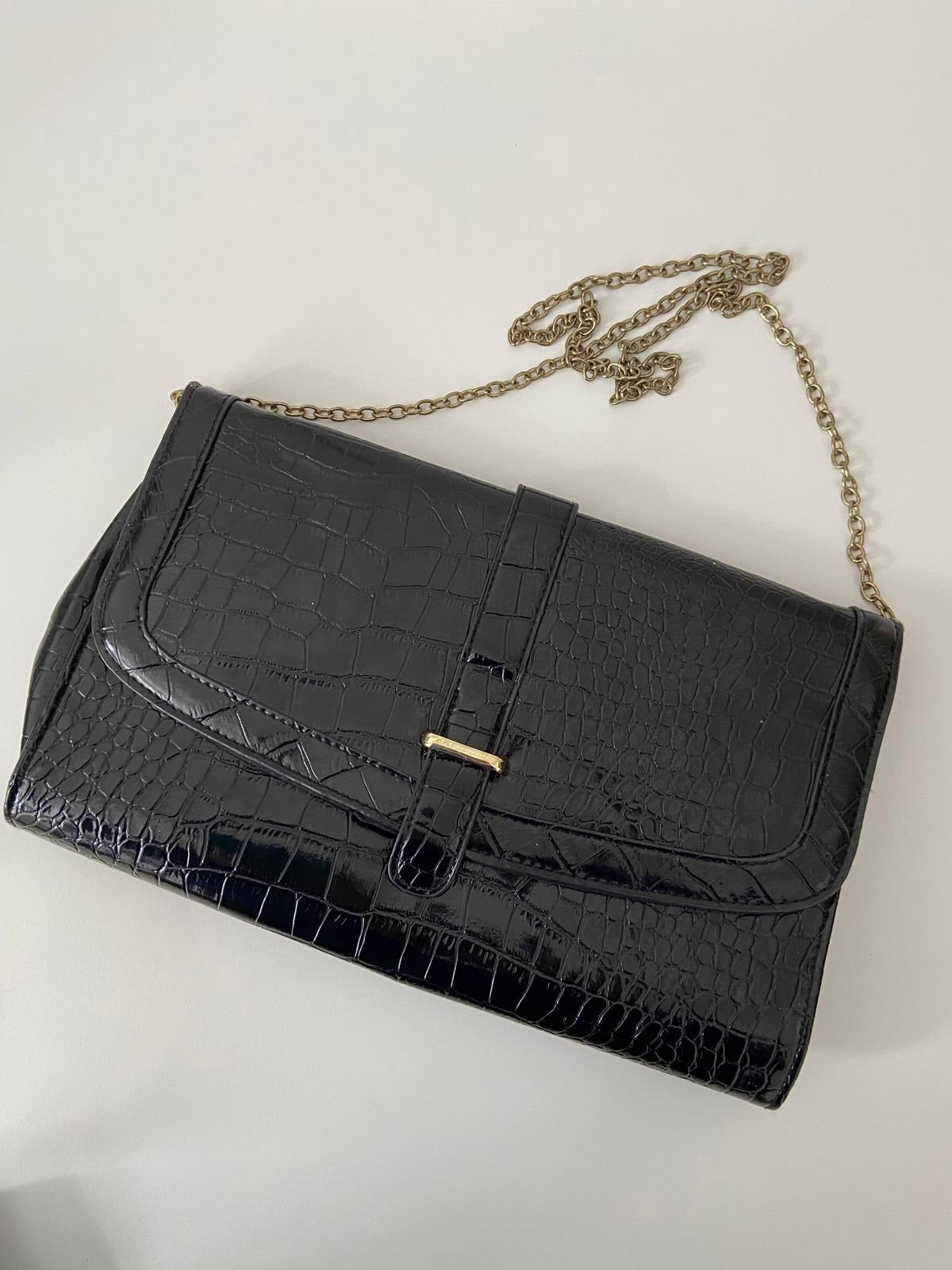 M&Co Snake Skin Handbag - Black, Gold Chain, 32x20cm