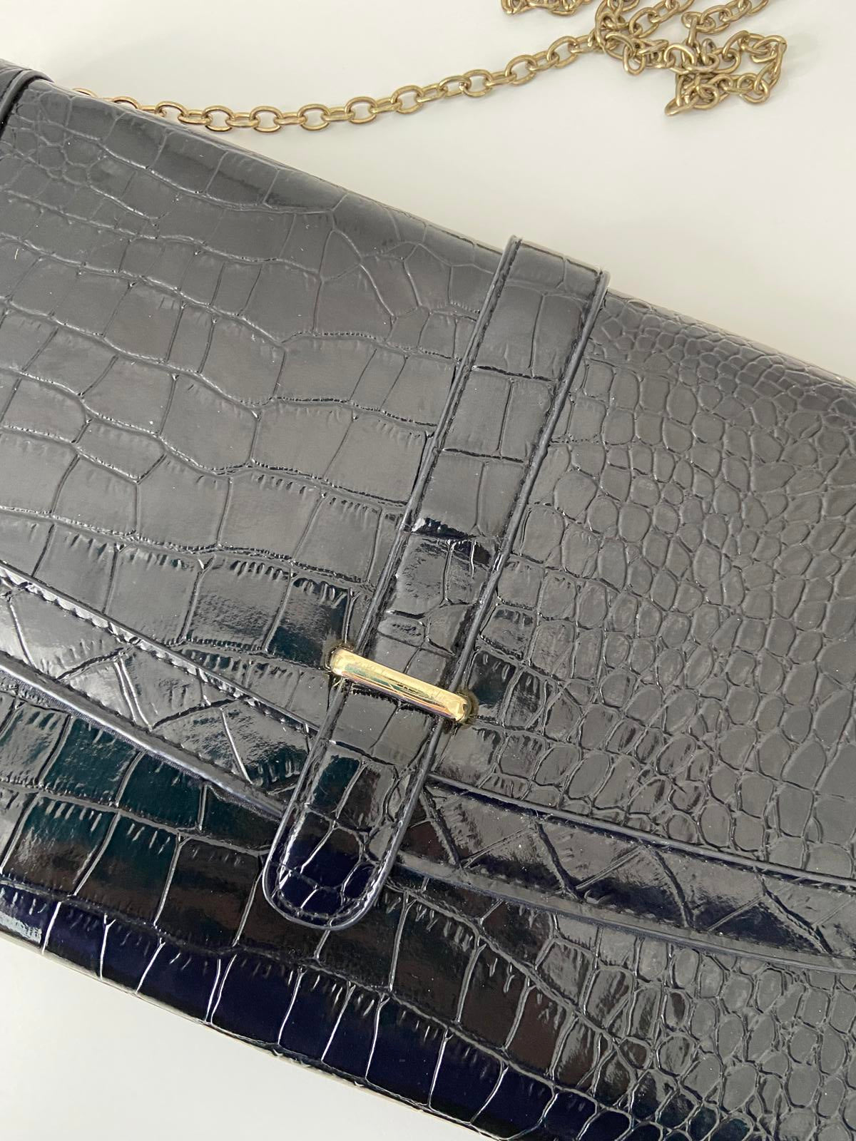 M&Co Snake Skin Handbag - Black, Gold Chain, 32x20cm