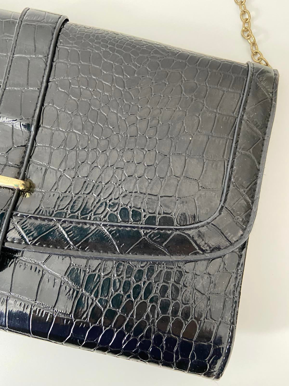 M&Co Snake Skin Handbag - Black, Gold Chain, 32x20cm
