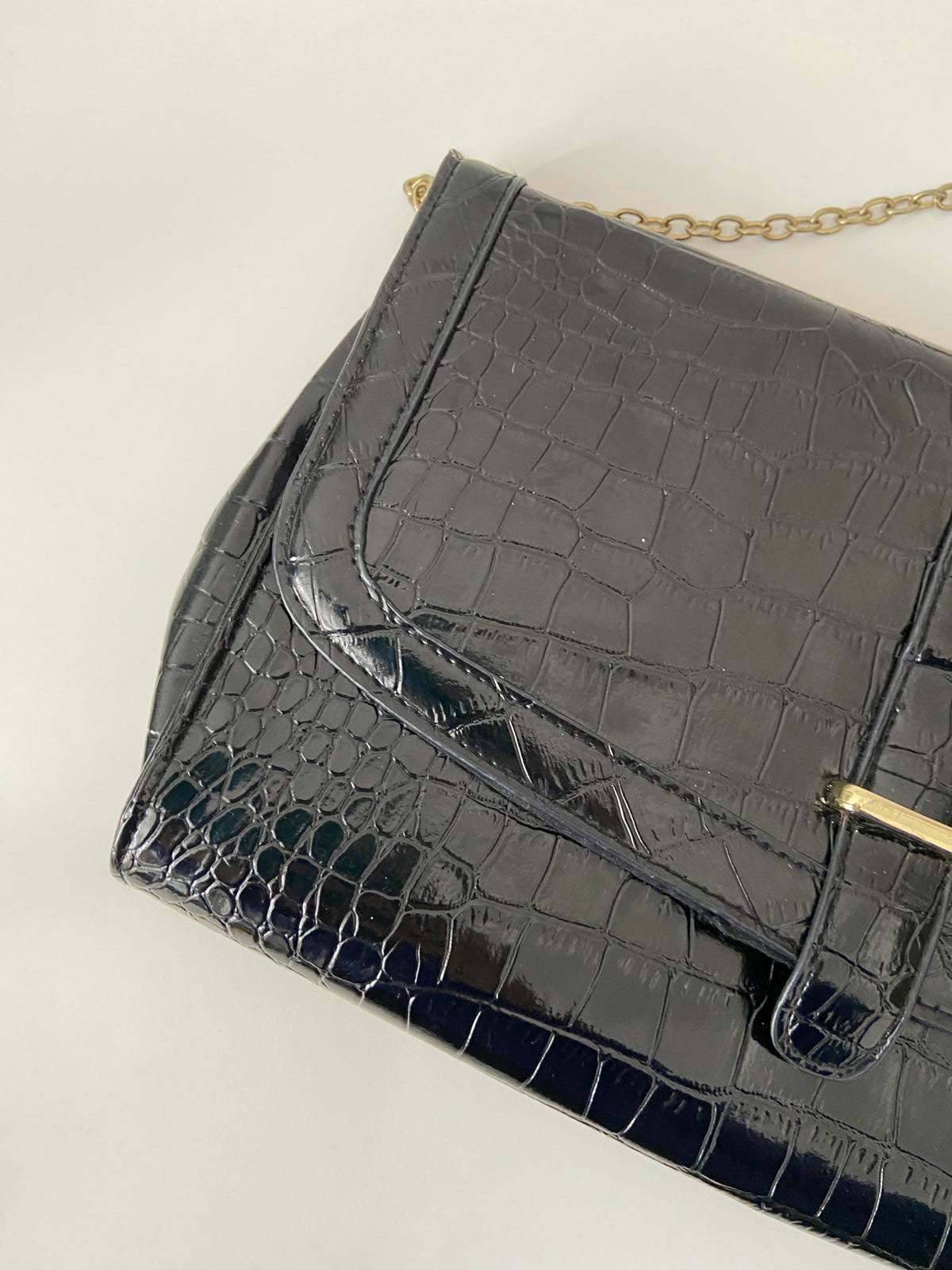 M&Co Snake Skin Handbag - Black, Gold Chain, 32x20cm