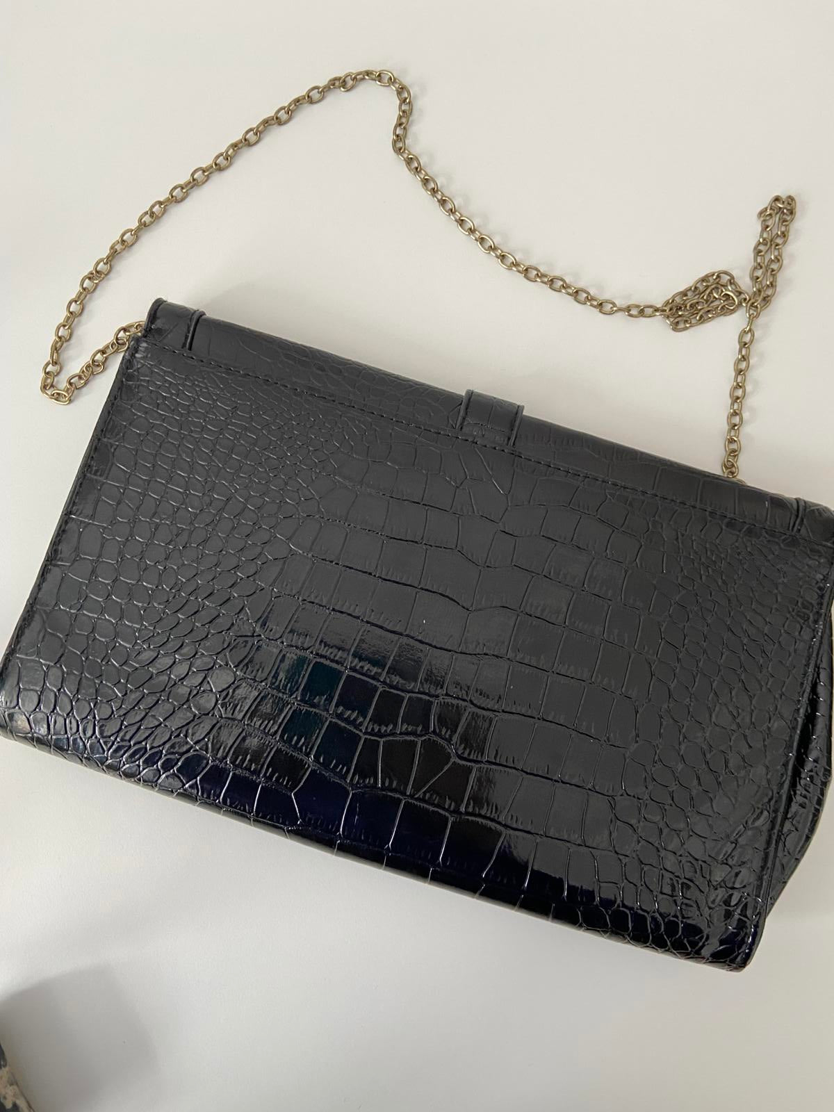 M&Co Snake Skin Handbag - Black, Gold Chain, 32x20cm