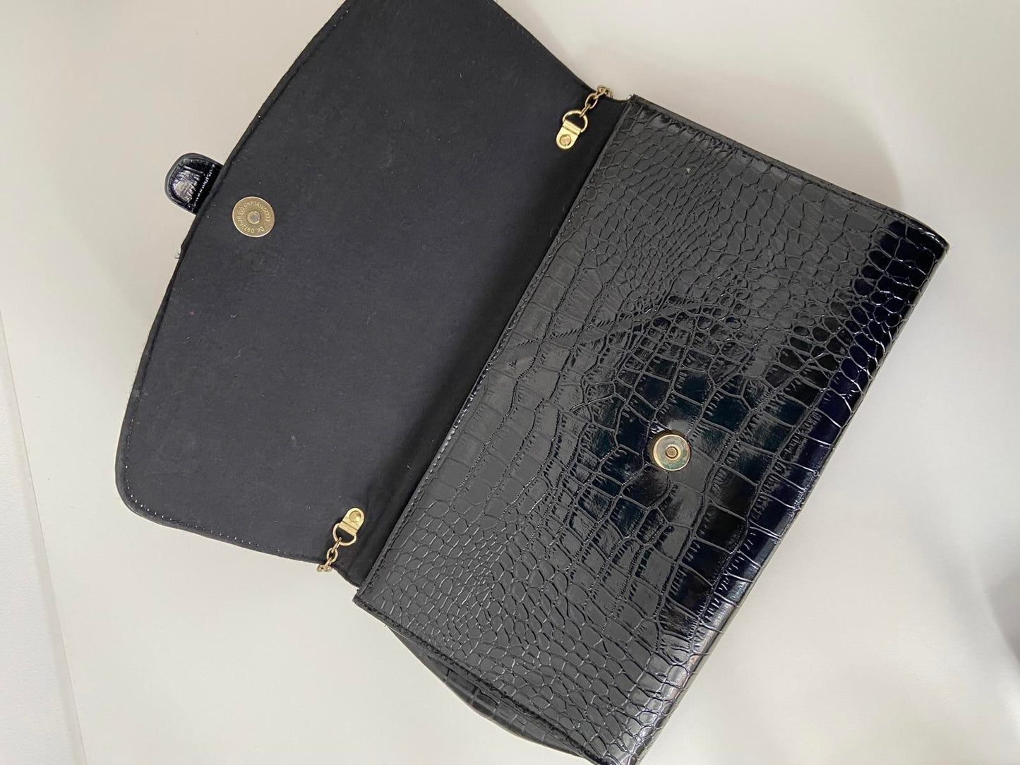 M&Co Snake Skin Handbag - Black, Gold Chain, 32x20cm