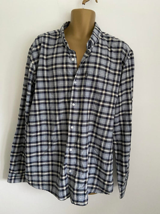 Peacocks Men’s Grey & Navy Plaid Check Long Sleeve Cotton Shirt, Size 2XL