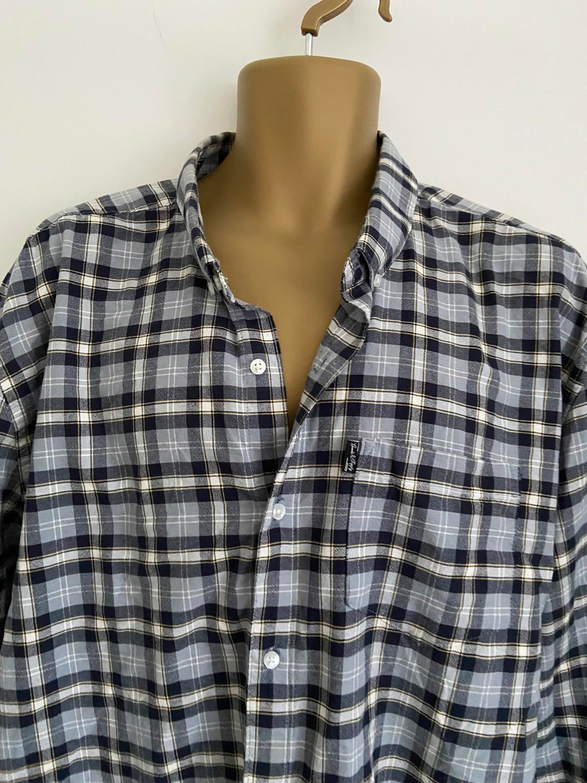 Peacocks Men’s Grey & Navy Plaid Check Long Sleeve Cotton Shirt, Size 2XL